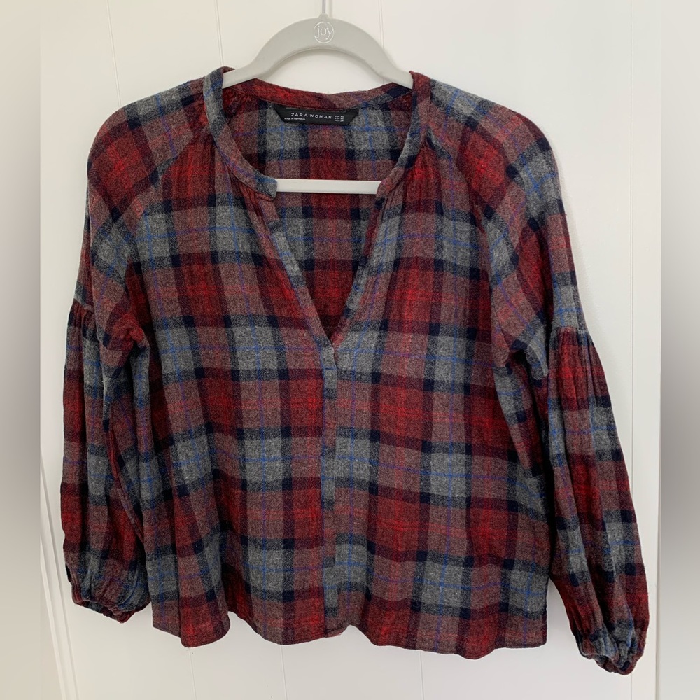 Zara Plaid Wool Long Sleeve V-Neck Top Size XS - Picture 2 of 8